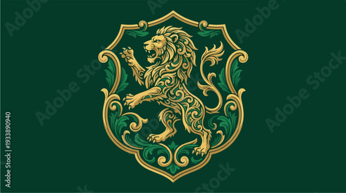 Ornate Golden Lion Emblem on Deep Green Background.
