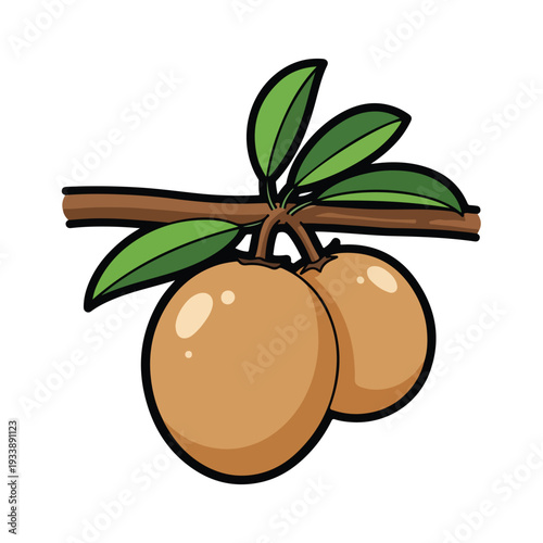 A vibrant illustration of two ripe fruits hanging from a branch with green leaves, showcasing a bountiful harvest scene from a close-up viewpoint.