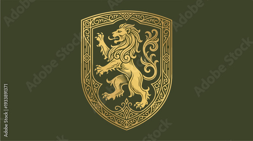 Golden Lion Emblem on Dark Green Background.