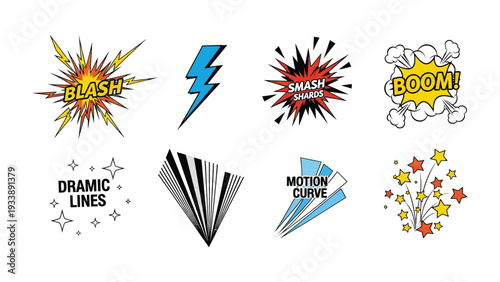 Comic Book Elements : Captivating collection of dynamic comic book elements burst with action, capturing the vibrant essence of storytelling