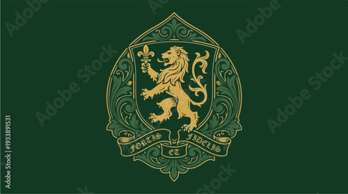 Heraldic Emblem with Lion and Motto on Green Background.