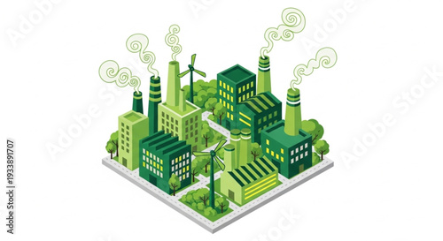 Green Industrial Factory Complex with Wind Turbines and Smoke.