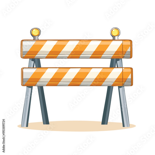 Road barrier with orange and white stripes and warning lights