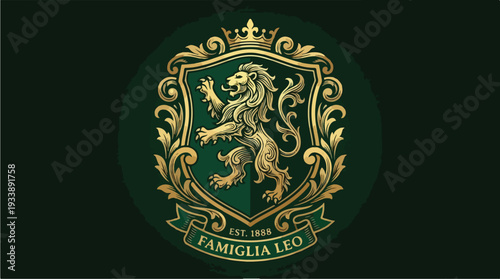 Elegant Lion Crest Emblem with Famiglia Leo Text.