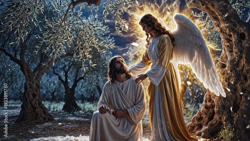 Moonlit Caucasian Man In Olive Grove Receiving Calming Touch From Illuminated Angel, Cool Blue Night Tones, Luminous Wings Haloed By Moonlight, Quiet Protective Presence, Dew On Ground, Reflective.