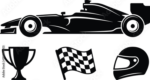 Race car graphics with trophy checkered flag and helmet icons