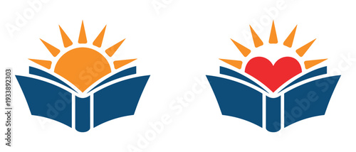 Open Book with Sun and Heart Icons Symbolizing Knowledge and Love Stock Graphic