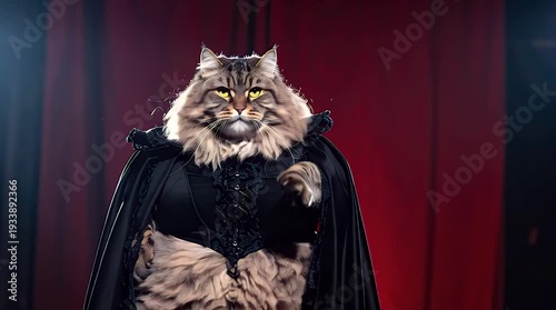 Majestic fluffy cat in elegant black costume with red curtain backdrop
