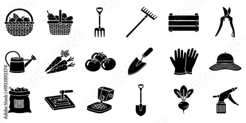 Black Silhouette Gardening and Harvest Tools Vector Icon Set Collection