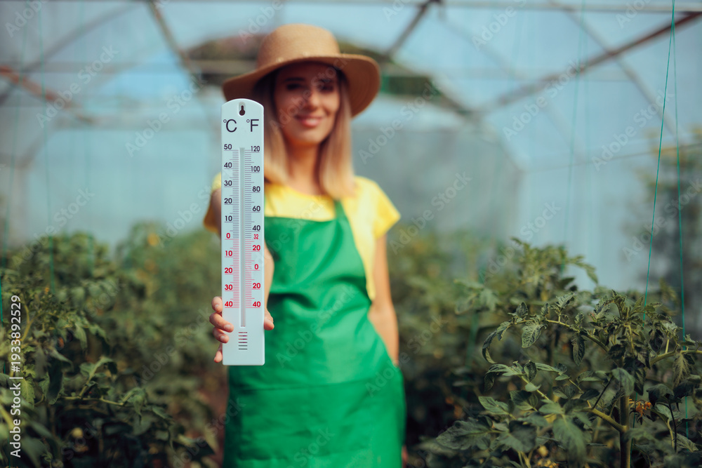 Fototapeta premium Farmer Holding Thermometer Monitoring Temperature For Organic Tomato Greenhouse Plants. Ariculturist checks climate conditions for healthy vegetable production 