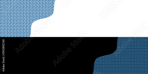 Dynamic abstract background showcasing a unique geometric blue pattern on organic curved borders, sharply contrasting against pristine white and deep black sections, ideal for modern graphic design