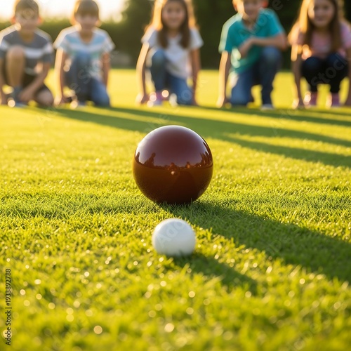 A lawn bowl rolling slowly toward a white jack on a green lawn, with children crouching in the blurred background, highlighting youthful recreation