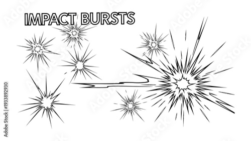 Dynamic Impact Bursts: A collection of stylized, energetic bursts capturing the essence of explosions and forceful impact, rendered in a striking monochrome palette.