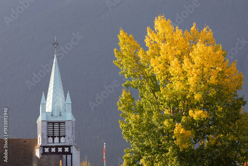 Church and colored tree in Banff, Canada