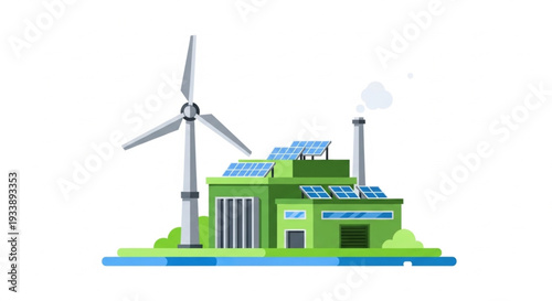 Green Energy Factory with Wind Turbine and Solar Panels.