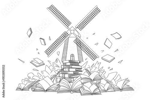 Windmill stacked with books open pages flying around conceptual illustration