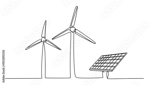 Wind Turbines and Solar Panel Line Art Renewable Energy Concept Minimalist Stock Illustration