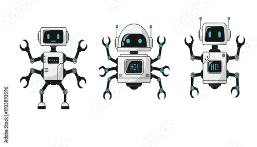 Set of Three Futuristic White Robot Characters with Multiple Mechanical Arms and Digital Screen Faces for Technology, Automation, and Artificial Intelligence Assistant Designs