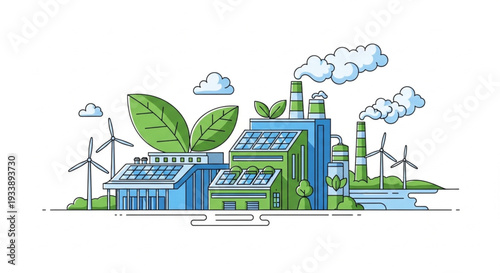 Green energy factory with wind turbines and solar panels.