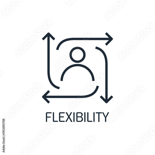 The person in the center with the arrows surrounding him. Be flexible. Take into account and respond to circumstances.Vector linear icon illustration isolated on white background.