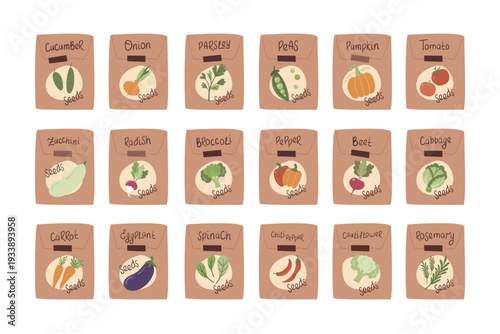 Vegetable seeds package collection. Set of vegetable seeds packages illustration isolated on white background