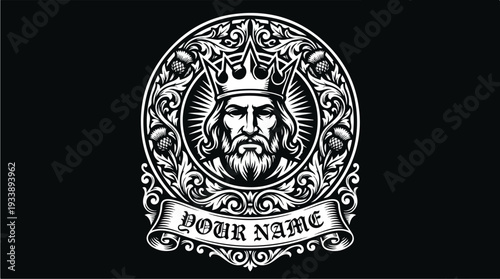 Kings Regal Portrait Emblem with Ornate Details and Banner.