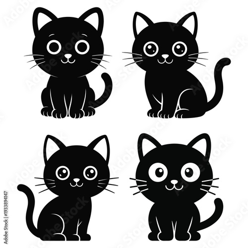 Four black cartoon cats sitting on white background