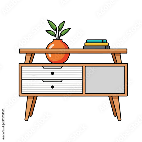 A modern wooden sideboard with a potted plant and books on top in a minimalist living room setting from a front viewpoint