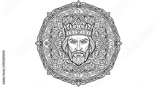 Intricate Mandala King Portrait with Crown and Beard.