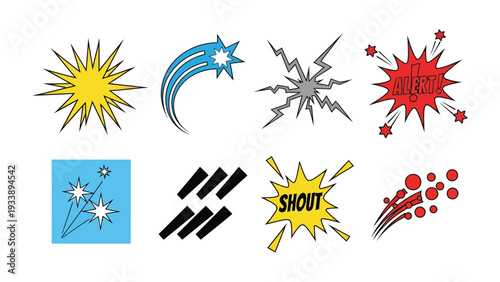 Explosive Burst: A vibrant collection of comic book-style burst graphic elements, perfect for adding dynamic energy and visual impact.