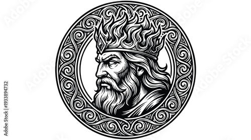 Ancient King Portrait with Fiery Crown and Ornate Circular Frame.