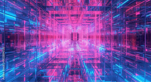 Futuristic neon corridor with pink and blue lights