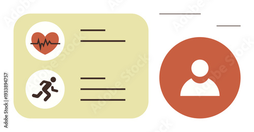 Health monitoring, fitness tracking, personal wellness, biodata, healthcare technology, user profiles. Heartbeat and running icons beside a circular user profile element. Health monitoring