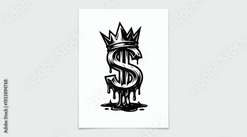 Dollar Sign with Crown Dripping Ink Illustration.