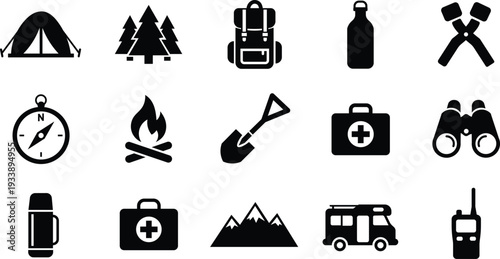 Set of camping and hiking essentials icons for outdoor adventure illustrations