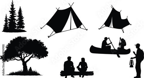 Silhouettes of outdoor activities and nature elements on a white background camping tree