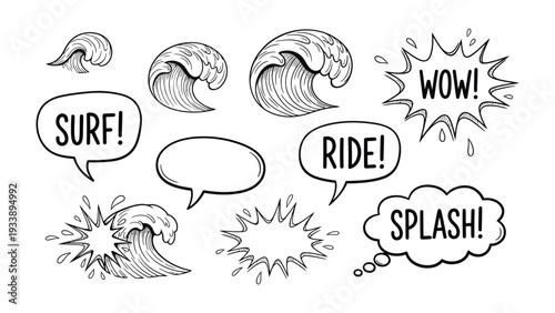 Seascape Elements: Artistic and playful illustration featuring the ocean waves and expression bubbles. Designed with a hand-drawn look, ideal for design elements.