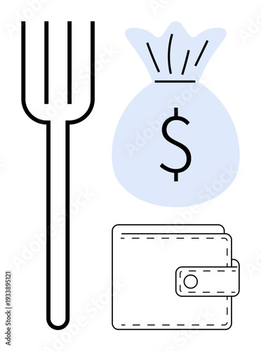 Finance, savings, budgeting, economic planning, food expenses, consumer habits. Minimalist design with wallet, money bag with dollar sign and fork. Finance and budgeting