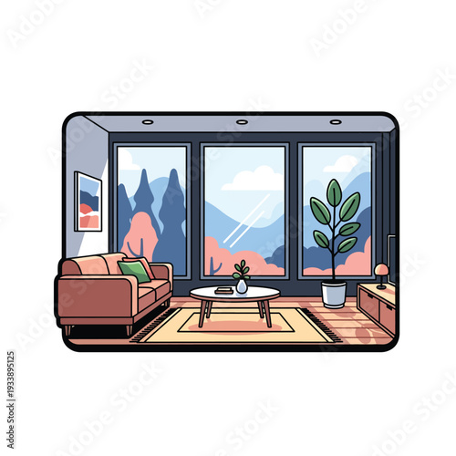 Vector illustration of a serene living room interior with a sofa, coffee table, and potted plants, overlooking a mountainous landscape