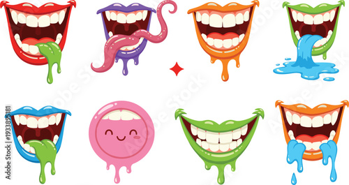 Colorful cartoon mouth set with dripping slime and funny expressions, vector illustration isolated on light background for Halloween design