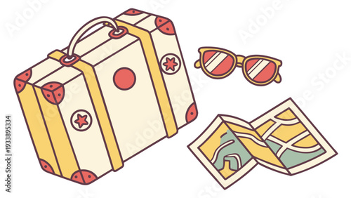 Travel and vacation cartoon illustration with suitcase, map and sunglasses adventure airport