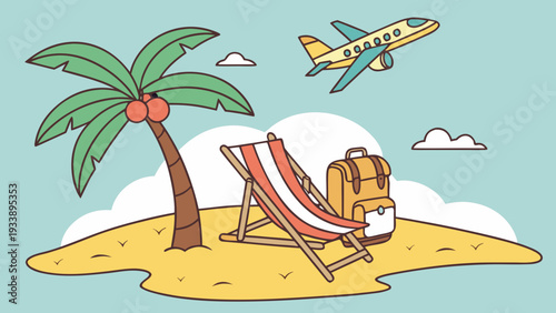 A beach scene with a palm tree, lounge chair and airplane flying overhead