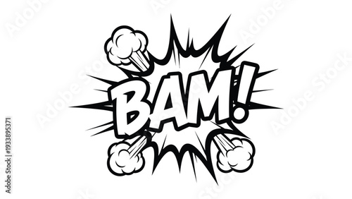 Comic Book Impact Effect: A bold black and white comic book style illustration, showcasing the word 'BAM!' in a dynamic explosion.