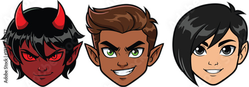 Cartoon avatar set featuring devil boy, fantasy elf character and smiling girl face, colorful vector illustration isolated on light background