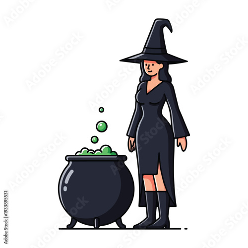 A witch in a black dress and hat stands beside a bubbling cauldron emitting green liquid and bubbles viewed from the side.