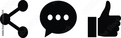 Social media icon set with share symbol, chat bubble and like thumbs up, black flat vector illustration isolated on light background