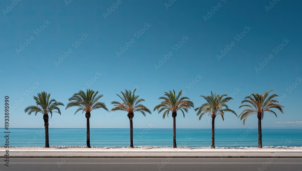 Obraz premium A row of tropical palm trees frames the horizon along a coastal road under a clear, bright blue sky