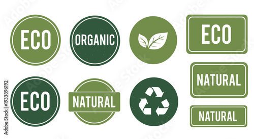 Collection of eco friendly and organic labels with leaves and recycle symbol