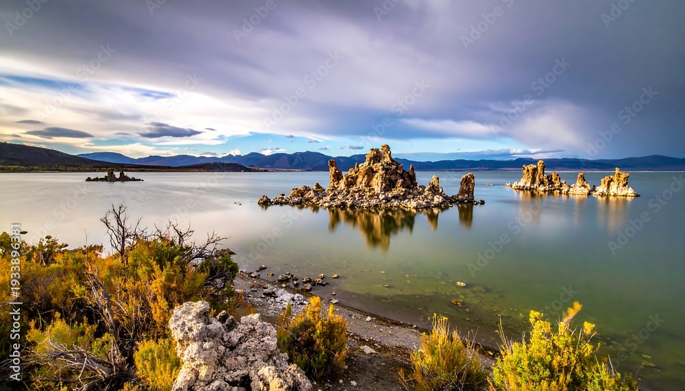 Obraz premium A serene lake scene with rock formations and vegetation