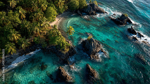 Island coastline drone, textured tropical shoreline with vegetation and beaches, sunlight illuminating surfaces, emphasizing coastal patterns, natural textures, and aerial perspective.